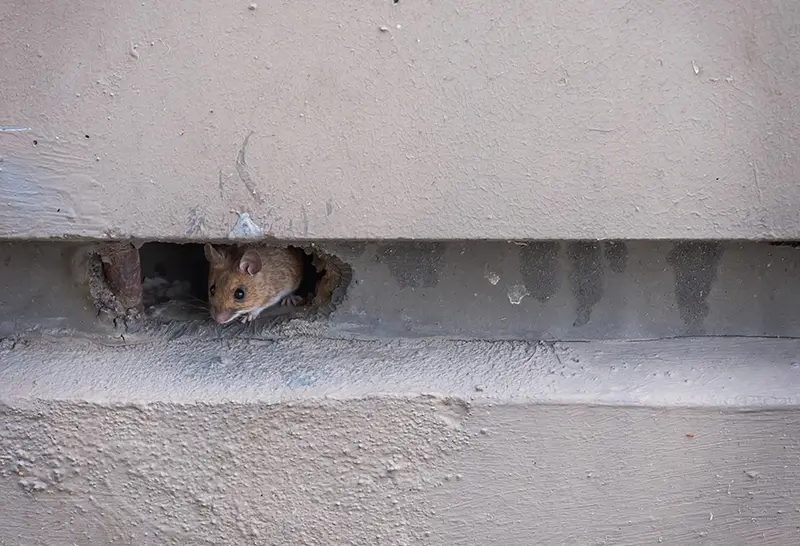 small mouse coming out a a hole in the wall